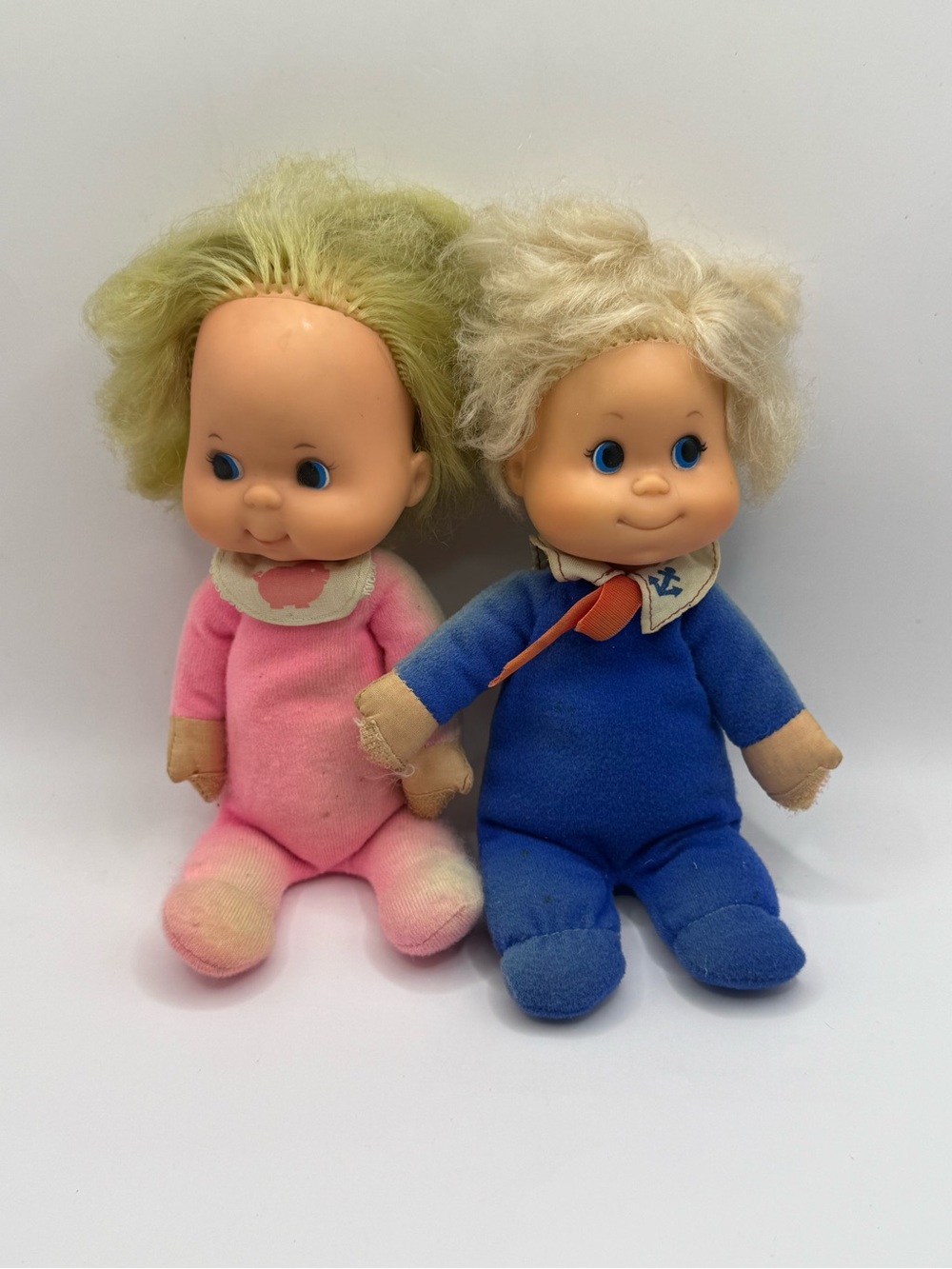 Vintage 1974 Mattel Canned Beans Baby Dolls Set of Two Boy Girl Blue Pink